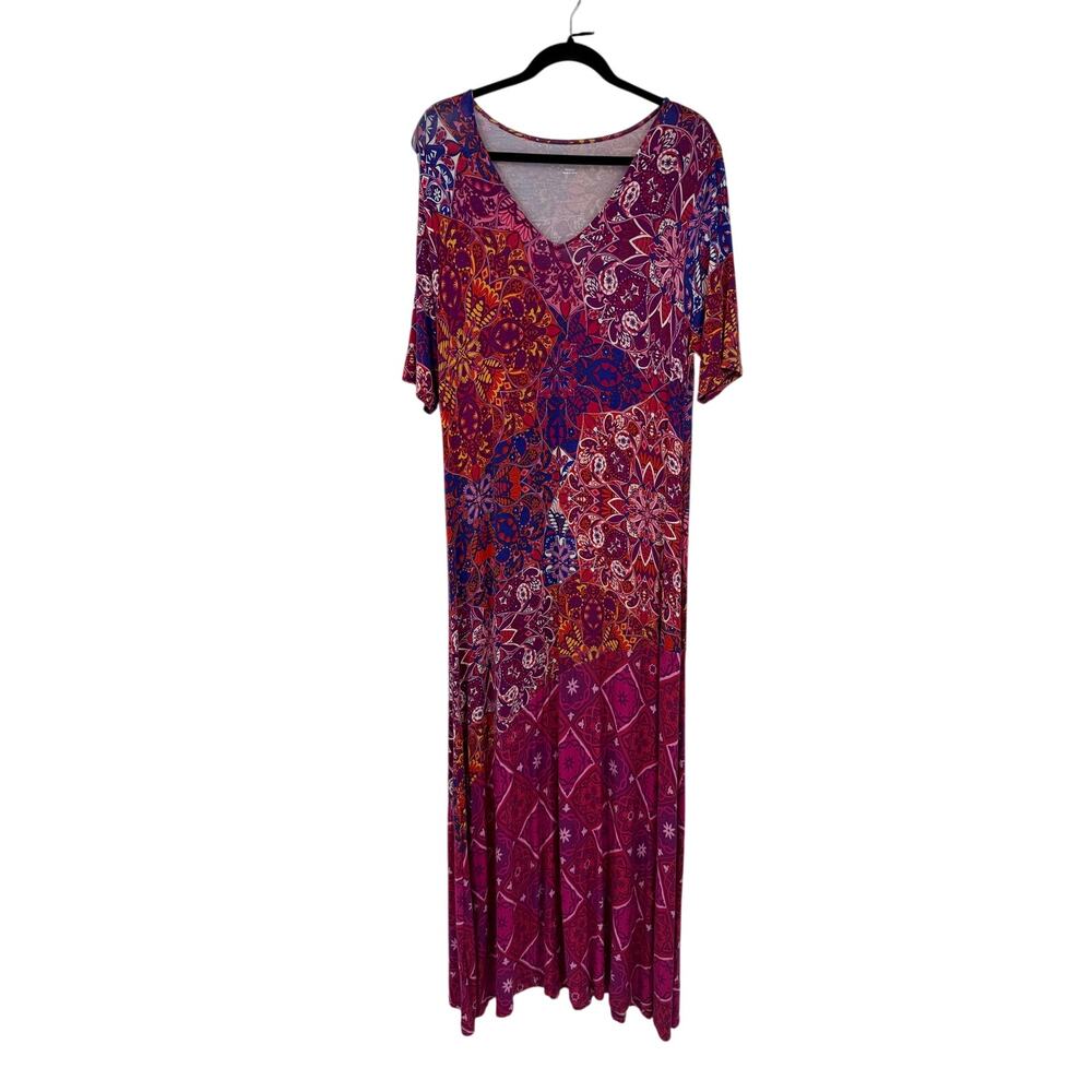 Soft Surroundings Maxi Dress Short Sleeve Pink Red Boho Print V-Neck Size M
